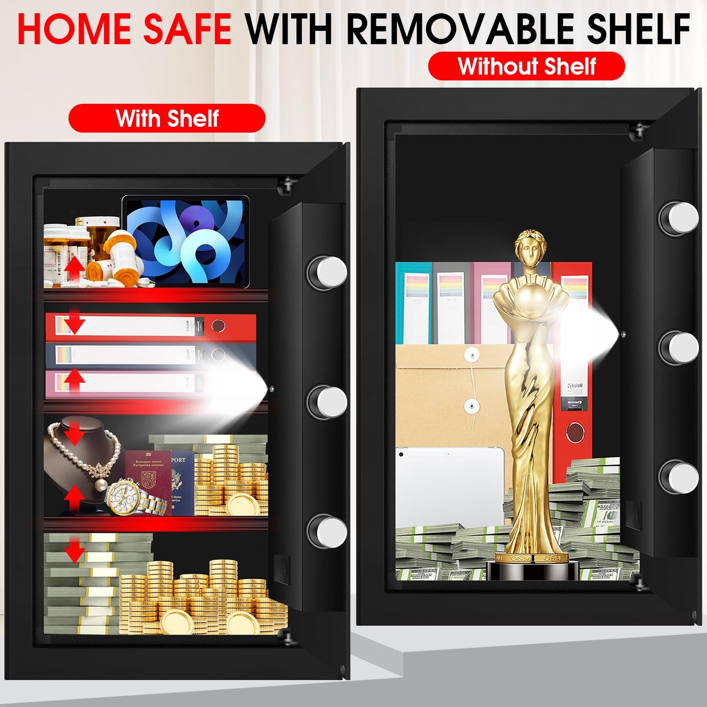 5.1 Cuft Large Home Safes Water and Fireproof with Digital Keypad & Key Lock, Fire Security Safes with 3 Removable Shelves, Anti-Pry Safe Box for Money Documents Jewelry, 23.62"H x14.96"W x 12.2"D