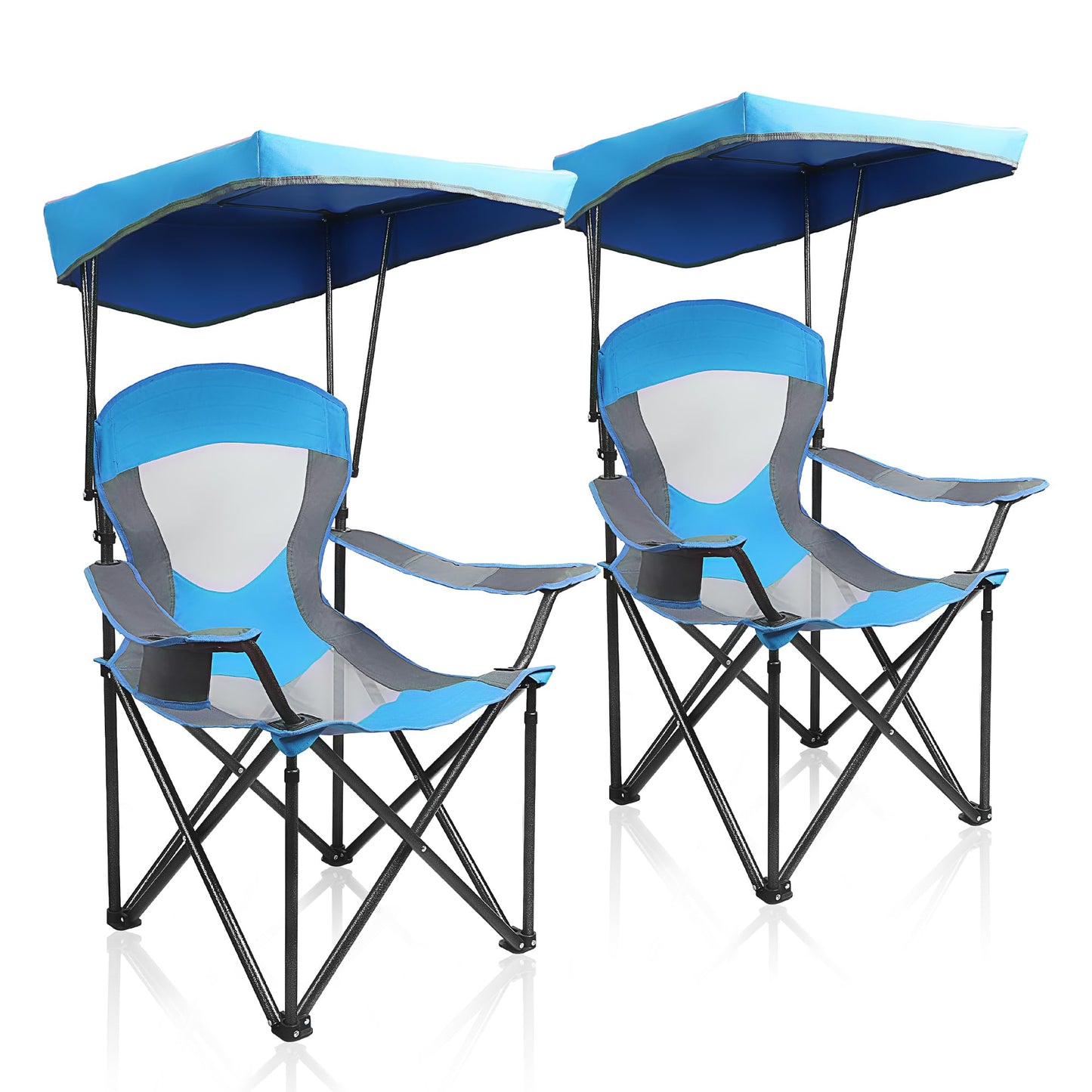 ALPHA CAMP Heavy Duty Canopy Camping Chair, 350 lbs Capacity Oversized Folding Chair with Adjustable Sunshade, Portable Sunshade Chair with Cup Holder for Beach, Fishing, Outdoor,2PC, Enamel Blue