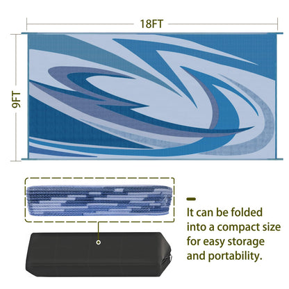 EEZ RV Products 9'x18' Heavy Duty Reversible/Durable Outdoor Patio/RV Mats Come with Large Storage Bag & 6 Sets of Stakes and Washer (Wave Blue)