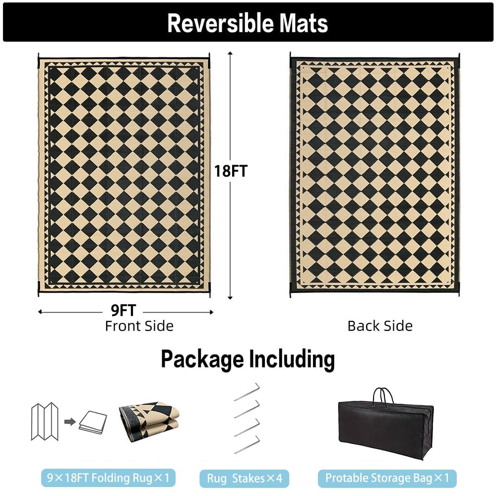HUGEAR Outdoor Waterproof Rug 9'x18' Plastic Straw Rugs Washable Reversible Floor Mat Beige Plaid Carpet for Camping RV Deck Entryance Porch Picnic Balcony Beach Backyard