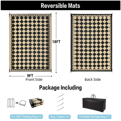 HUGEAR Outdoor Waterproof Rug 9'x18' Plastic Straw Rugs Washable Reversible Floor Mat Beige Plaid Carpet for Camping RV Deck Entryance Porch Picnic Balcony Beach Backyard