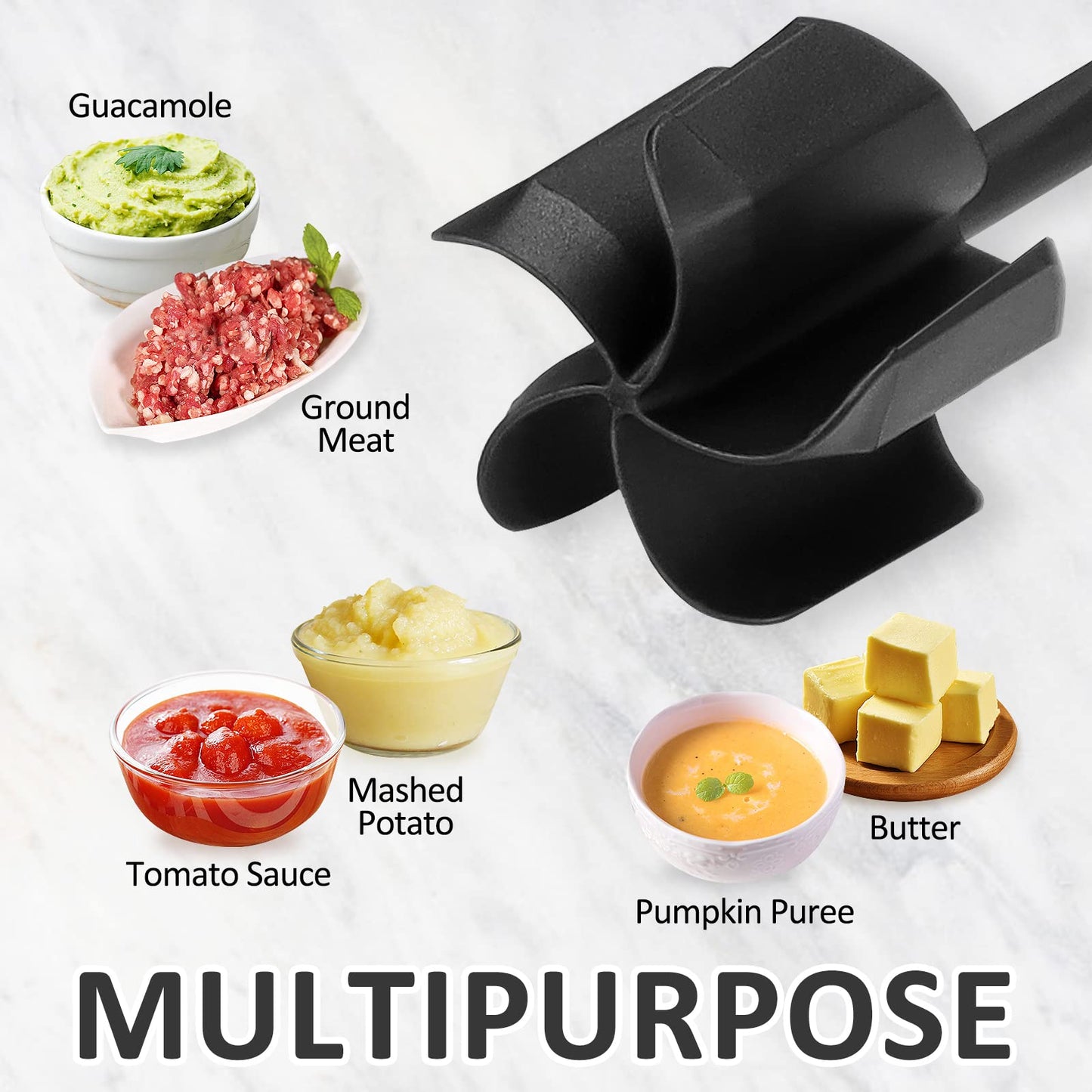 Ourokhome Upgrade Meat Chopper and Potato Masher, Heat Resistant Ground Meat Smasher for Hamburger, 5 Curved Blades Ground Beef Smasher, Nylon Non Stick Mixer, Stirrer and Kitchen Gadgets, Black