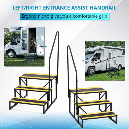 GarveeLife 3 Step RV Stairs with Handrail, Hot Tub Steps Metal with Non-Skid Tapes, Portable Stairs Steps for RV, Mobile Home Stairs Travel Trailers, Camper, Hot Tub, Ground-Pool for Indoor & Outdoor