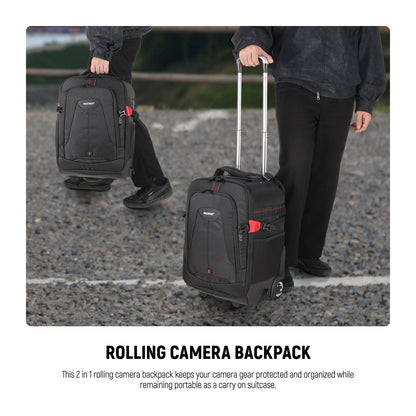 Neewer 2-in-1 Rolling Camera Backpack Trolley Case - Anti-Shock Detachable Padded Compartment, Hidden Pull Bar, Durable, Waterproof for Camera,Tripod,Flash Light,Lens,Laptop for Air Travelling(Black)