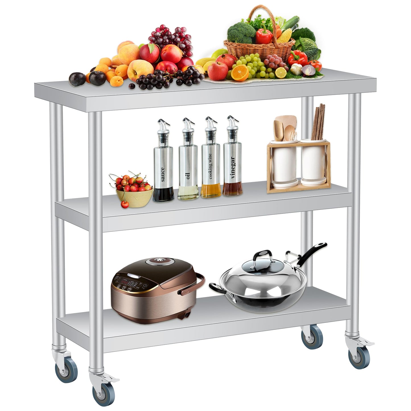 ExploreHorizon Stainless Steel Work Table with Wheels, 3-Shelf Commercial Food Prep Table 18x36x34 Inch, Rust-Resistant Metal Utility Table for Kitchen, Restaurant, Garage, Warehouse, Indoor, Outdoor