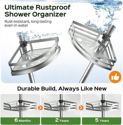 HAMITOR Shower Caddy - 4-Tier Rustproof Bathroom Corner Shelf | Adjustable 47-121 Inches Bathtub Organizer with Soap Holder