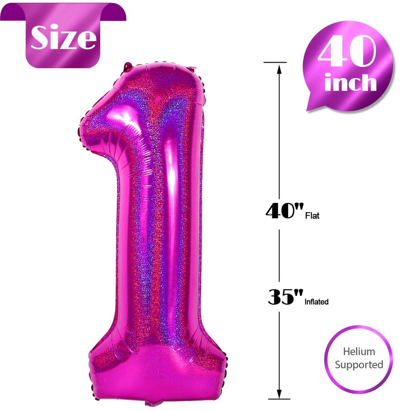 40 Inch Laser Hot Pink 1 Balloon for First Birthday, 1st Number Balloons Birthday Decorations for Girl Kids Toddler Baby, One Giant Number 1 Balloon