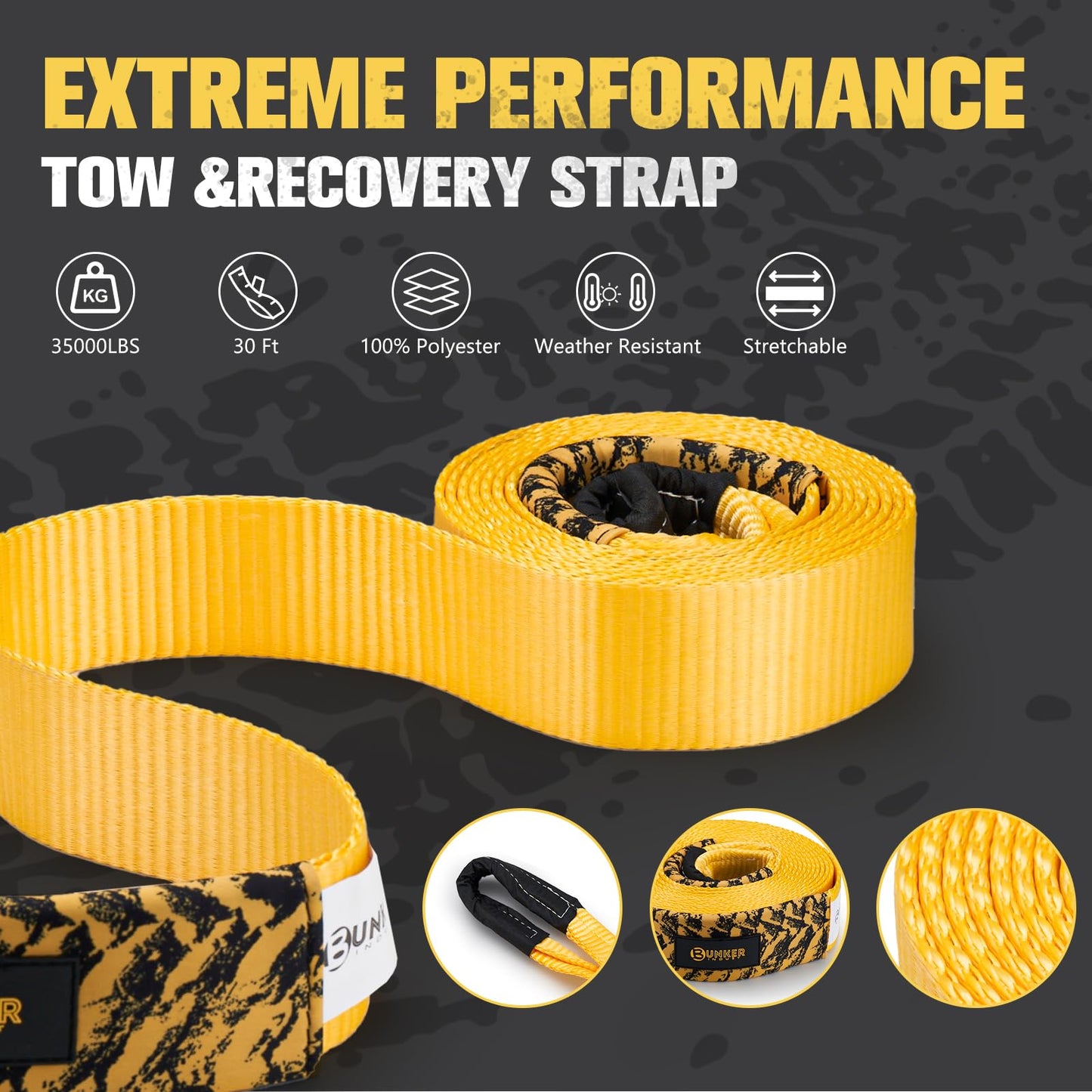 BUNKER INDUST Traction Boards with Jack Base (Blue) + 3" x 30ft Recovery Straps + Pair 3/4 D Ring Shackles + Bag 35,000 lbs Tree Saver Winch Strap
