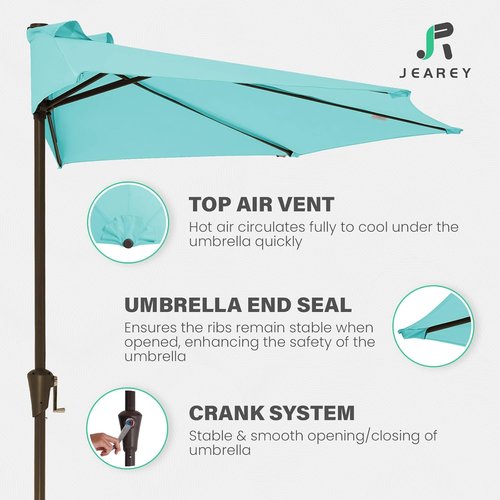 JEAREY 9ft Half Patio Umbrella - Crank-Operated Market Umbrella with UV Protection | Teal Blue