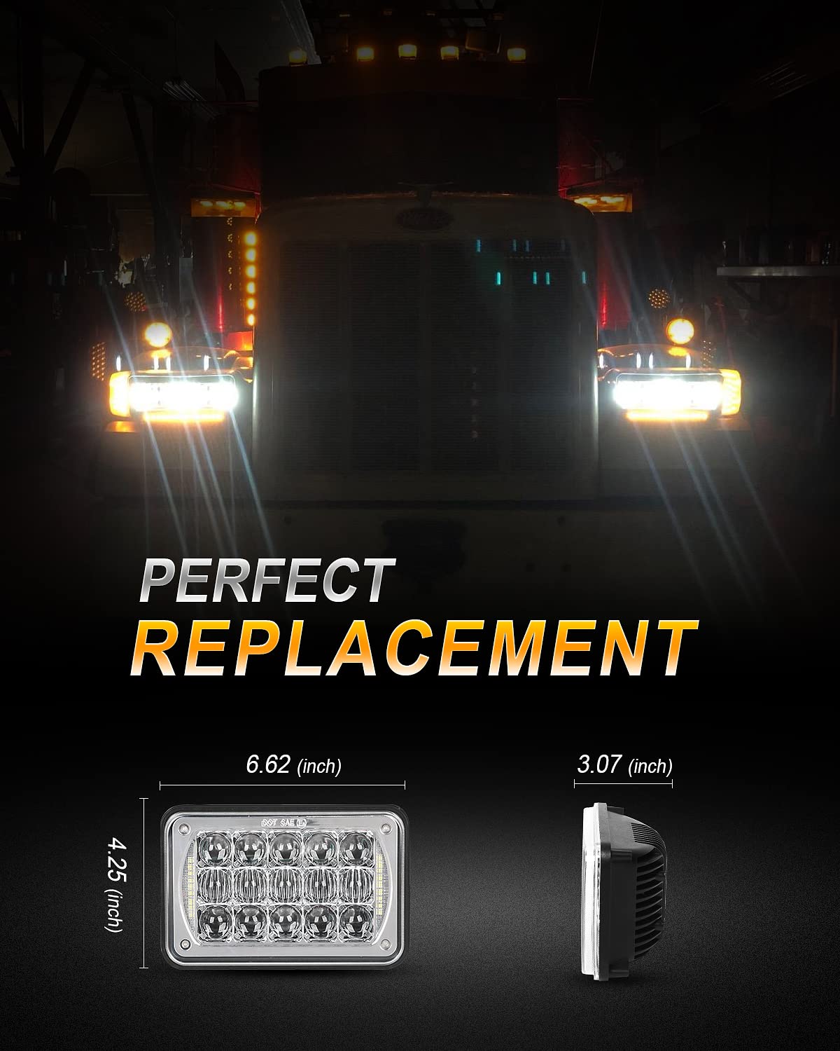 SPL DOT Approved 60W 4x6 Inch LED Headlights with DRL and Hi/Lo Sealed Beam for H4651 H4652 H4656 H4666 H6545 Freightliner Kenworth Peterbilt International Volvo Sterling Western Star Mack-Chrome