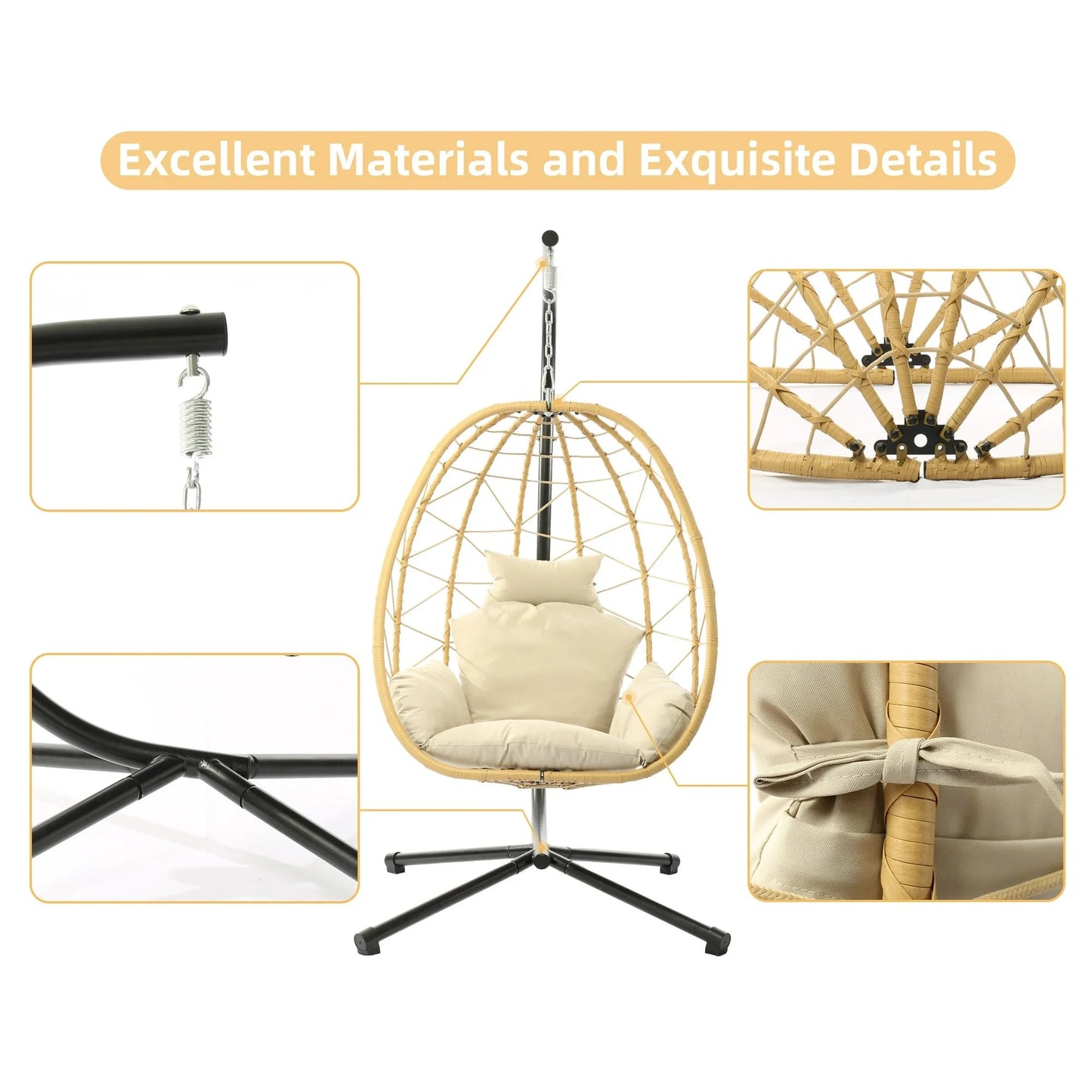 LEX CRAFT Egg Chair with Stand, Swing Chair Hanging Chair Nest Basket, UV Resistant Removable & Washable Cushions,350LBS Capacity for Bedroom, Balcony, Garden（YE-BE