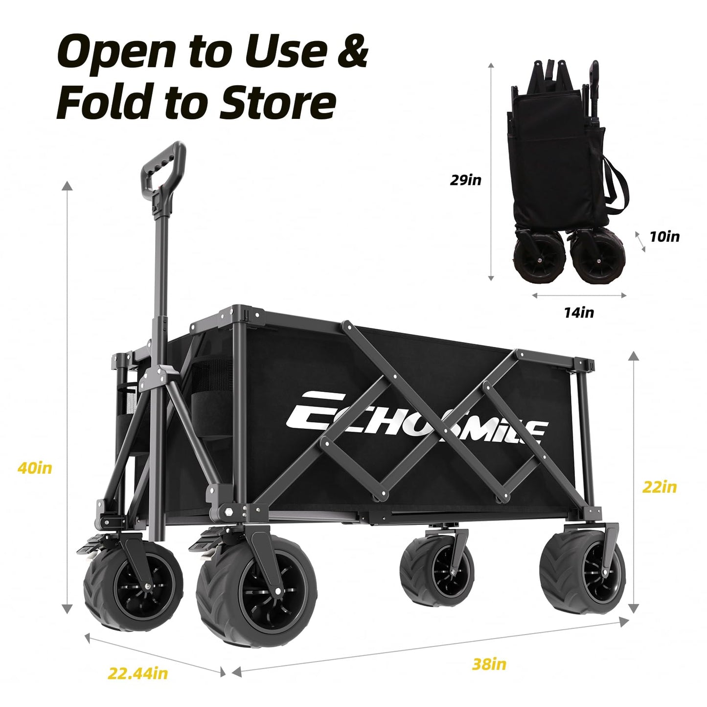 EchoSmile Collapsible Folding Wagon Cart with Compact Storage - 400Lbs Capacity All Terrain Utility Cart for Camping, Beach, Grocery, Garden,Black