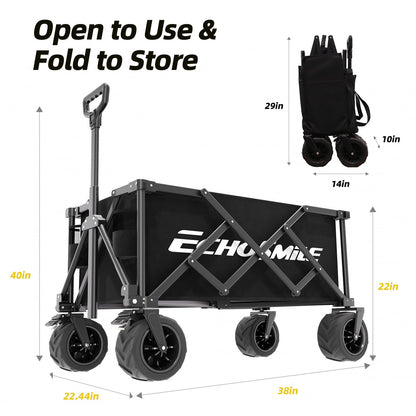 EchoSmile Collapsible Folding Wagon Cart with Compact Storage - 400Lbs Capacity All Terrain Utility Cart for Camping, Beach, Grocery, Garden,Black