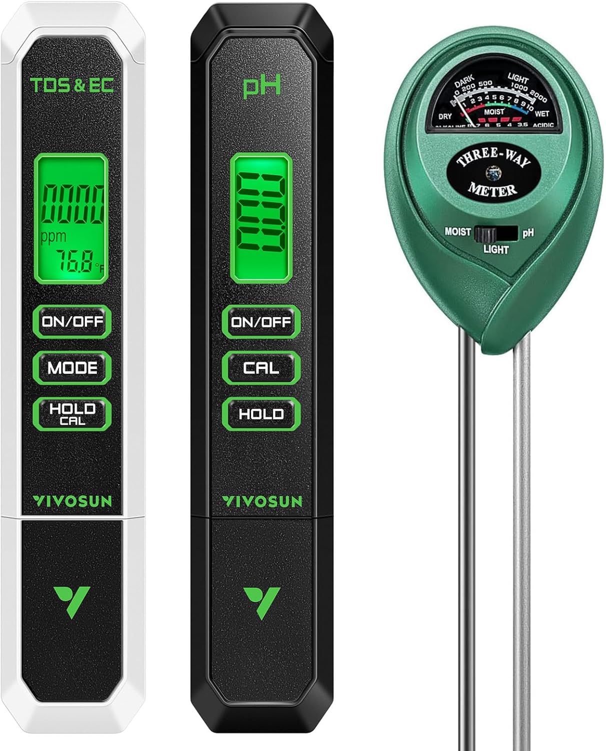 VIVOSUN Digital pH Meter - 3-in-1 TDS, EC & Temperature Tester for Home & Garden | Soil Moisture & Light
