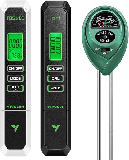 VIVOSUN Digital pH Meter - 3-in-1 TDS, EC & Temperature Tester for Home & Garden | Soil Moisture & Light