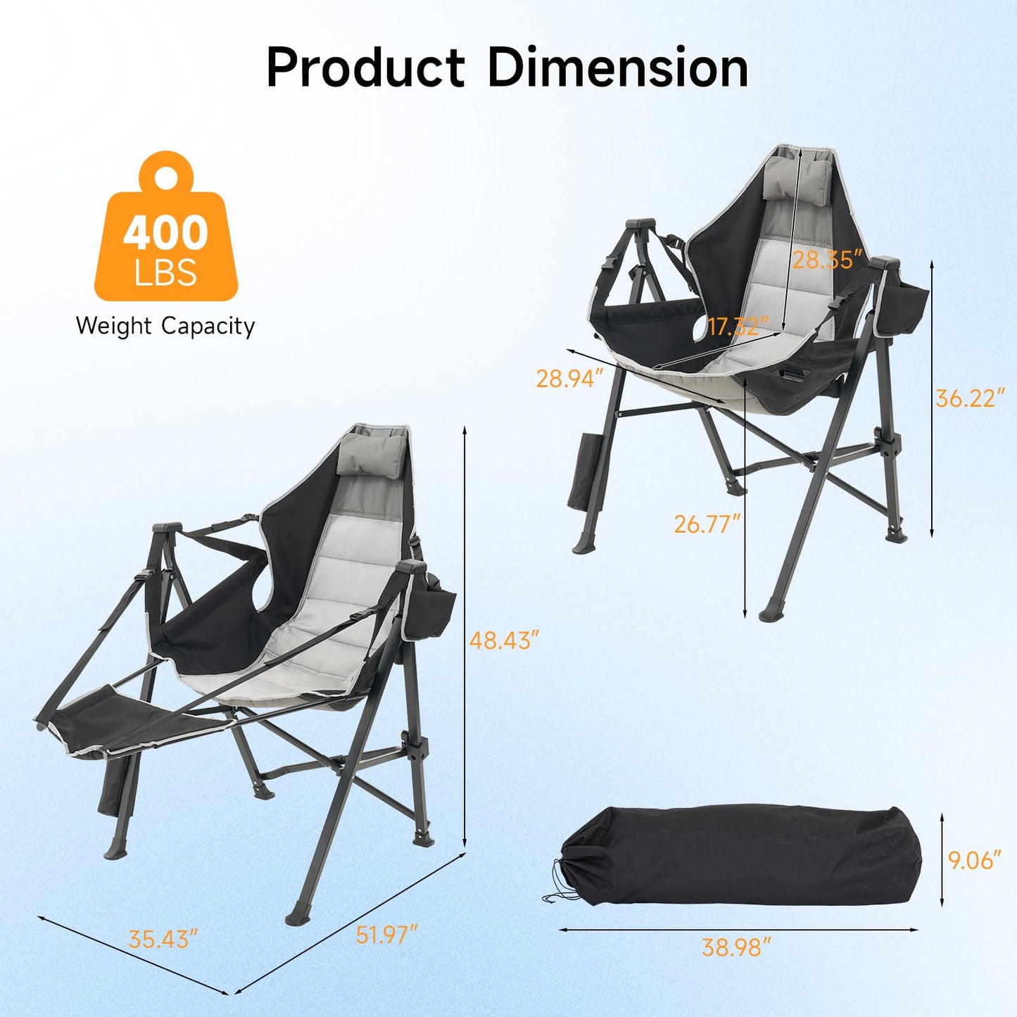 Dovov Hammock Camping Chair with Removable Footrest, 400lbs Heavy Duty Portable Swing Chair Outdoor with Adjustable Back, Foldable Camping Chair with Headrest and Cup Holder for Camping, Patio, Lawn