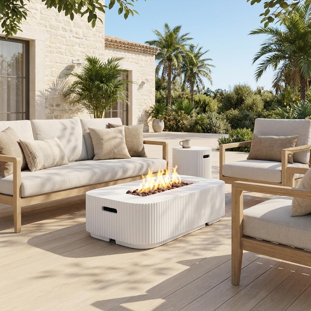 Christopher Knight Home 48.2 Inch Outdoor Rectangular Fire Pit Set with Tank Cover Side Table, MgO Concrete Propane Fire Pit 50000 BTU, White Modern Patio Heating Table Set