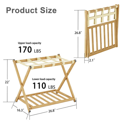 SANLUCE Fully Assembled Luggage Rack Set of 2 for Guest Room, Bamboo Suitcase Stand with Foldable Storage Shelf, Crossed Nylon Straps Folding Luggage Holder for Bedroom and Hotel, Natural