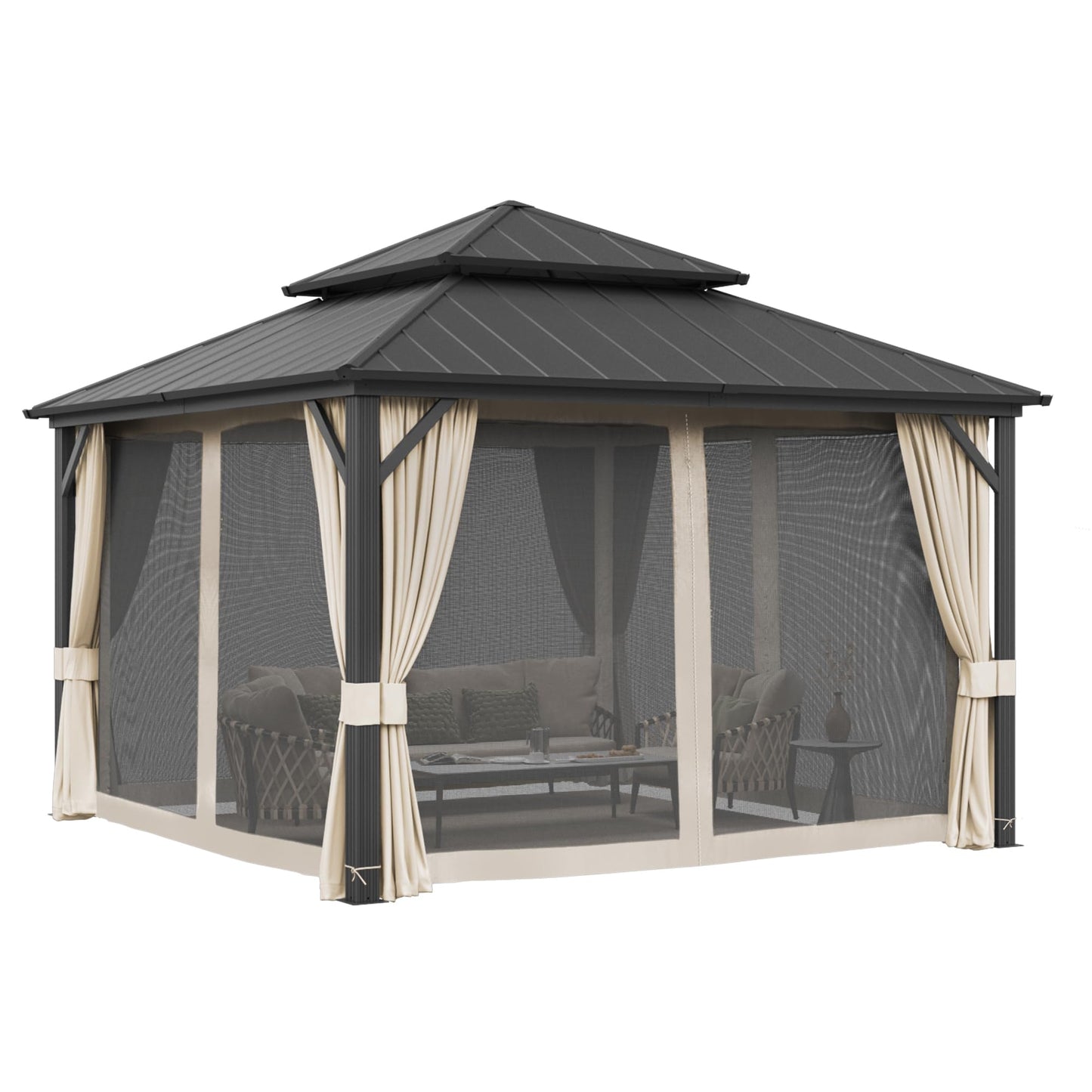 LUE BONA 12'x12' Gazebo Hardtop Gazebos, Double Galvanized Steel Roof and Aluminum Frame Permanent Pavilion with Dual Curtains, Outdoor Metal Roof Gazebo for Patio, Garden, Backyard, Black