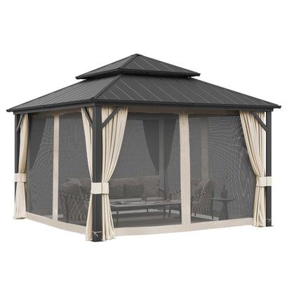 LUE BONA 12'x12' Gazebo Hardtop Gazebos, Double Galvanized Steel Roof and Aluminum Frame Permanent Pavilion with Dual Curtains, Outdoor Metal Roof Gazebo for Patio, Garden, Backyard, Black