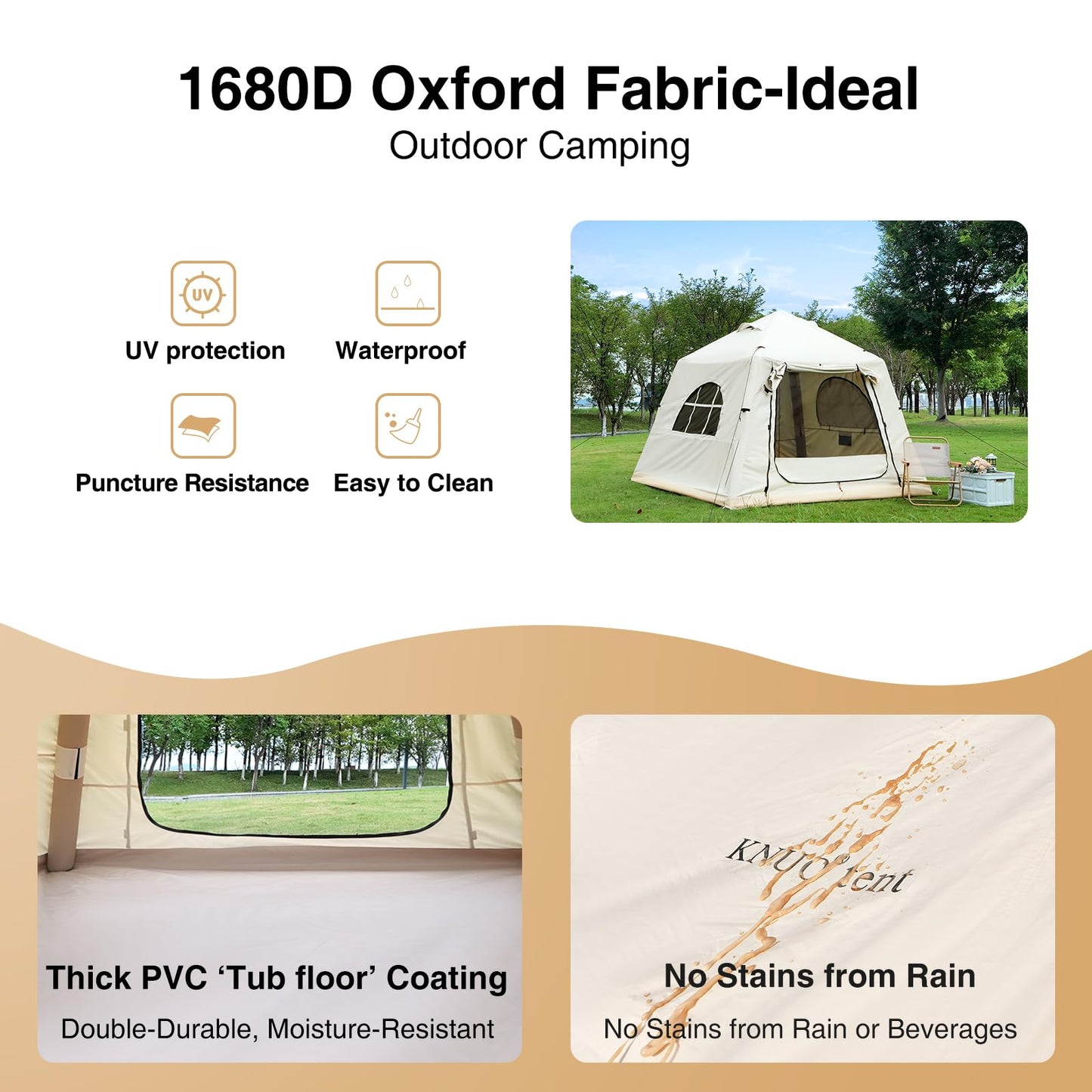 KNUO Inflatable Tent for Winter Camping 7.8x7.8ft Blow Up Air Tents, No Assembly Needed Luxury Glamping Tent for 1/2/3 People, Waterproof Oxford, Beige