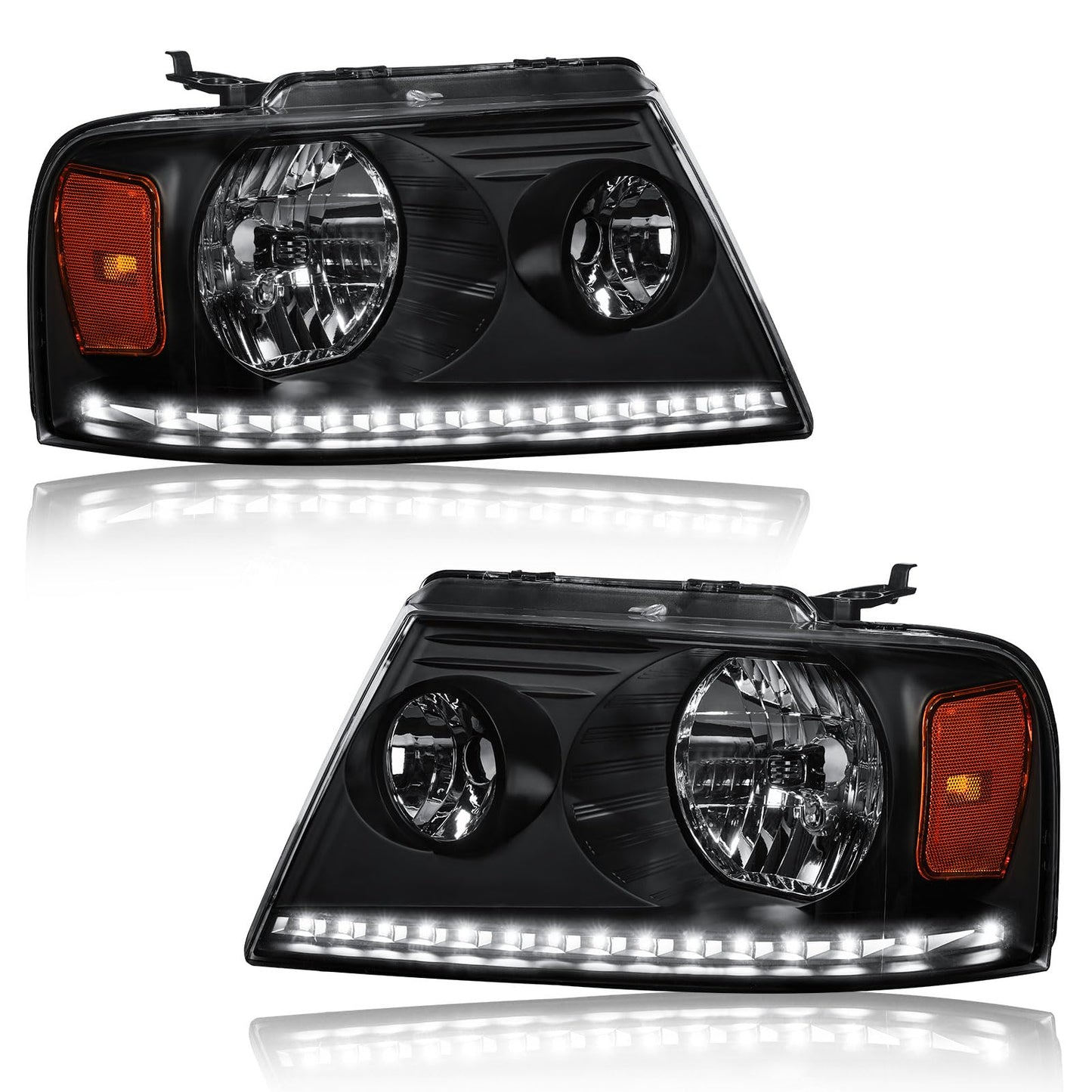 Fullux Headlights for 2004-2008 Ford F150 / 2006-2008 Lincoln Mark LT Pair Front Lights w/LED Running LIghts Replacement Headlamps Black Housing Amber Reflector