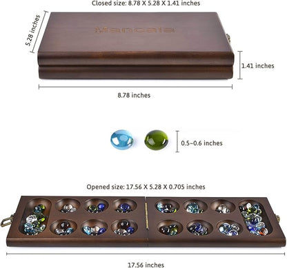 AMEROUS Wooden Mancala Board Game Set with 72+8 Bonus Multi Color Glass Stones - Folding Board - Mancala Instructions Classic Family Board Game for Kids Adults Tabletop Version