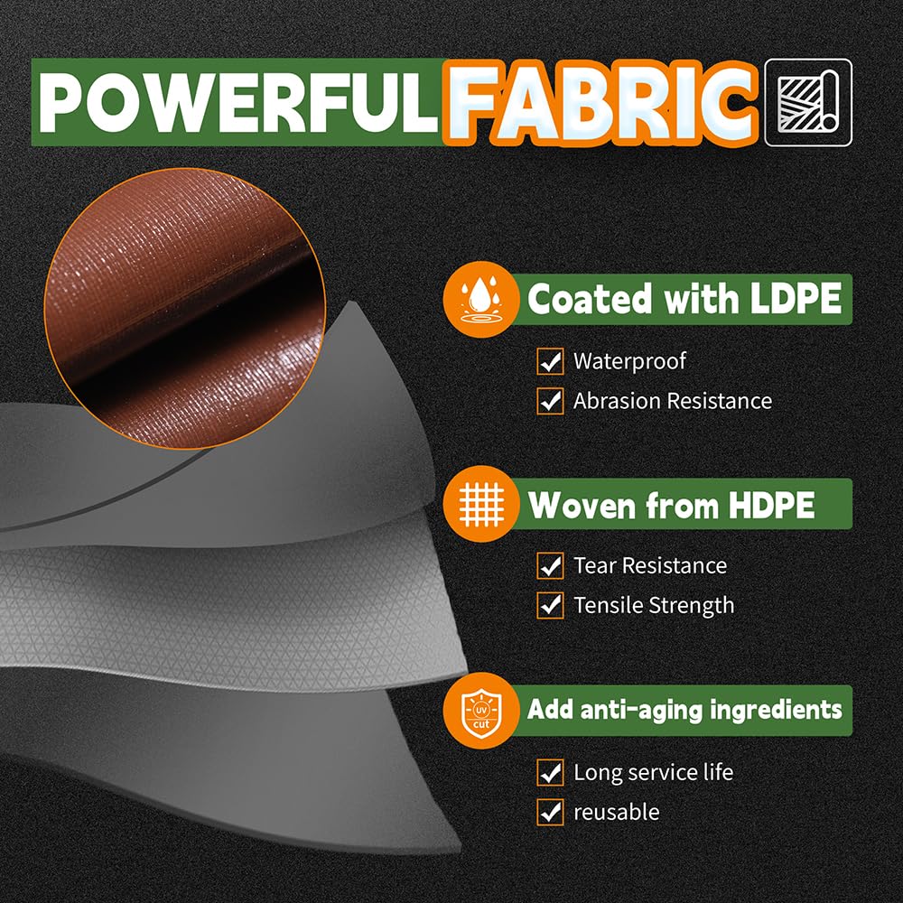 RAINDEWAY 20x40 Feet Super Heavy Duty 18 Mil Brown Poly Tarp Cover, UV Resistant, Weatherproof, Multipurpose Waterproof Poly Tarp with Grommets and Reinforced Edges
