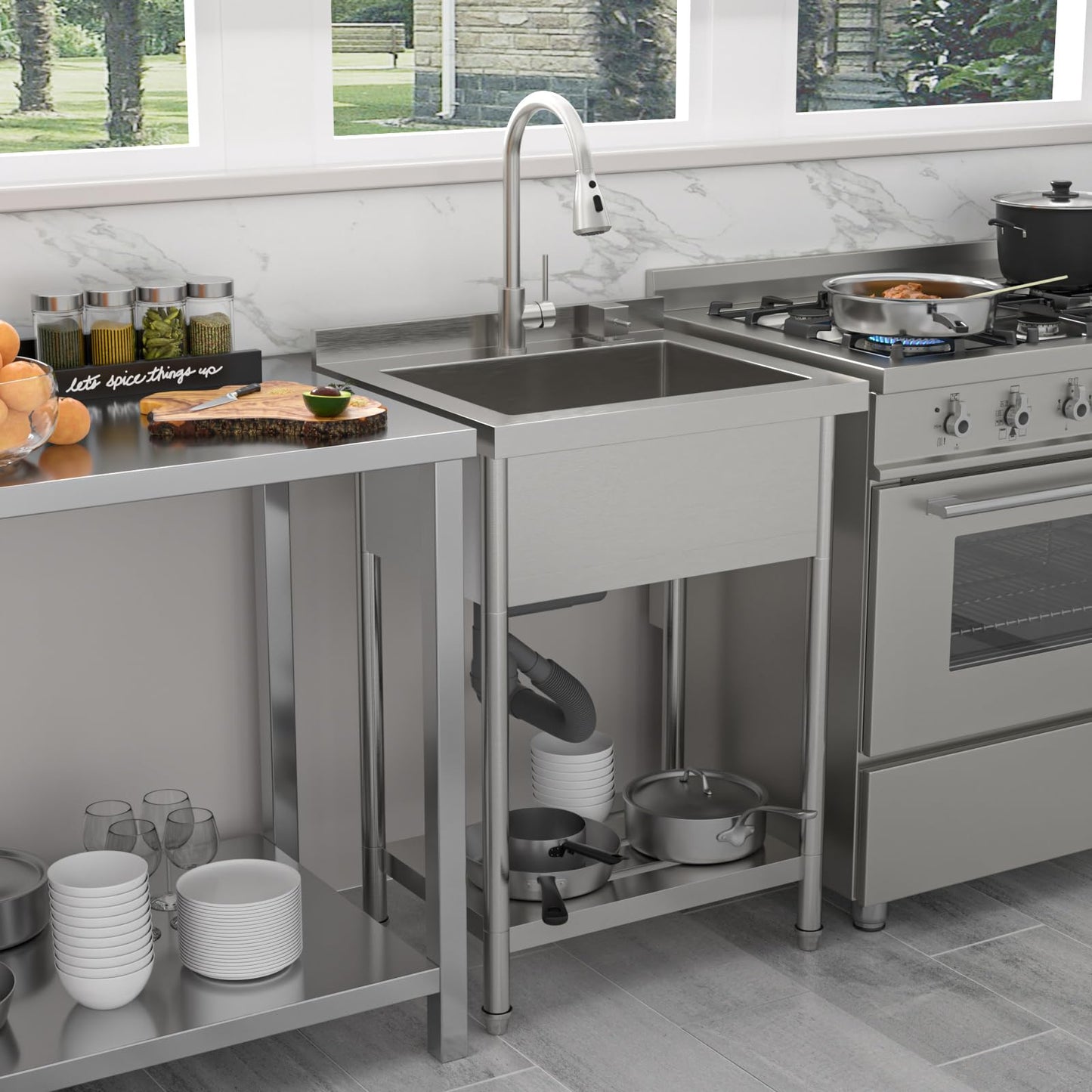 Sarlai Stainless Steel Utility Sink Freestanding Commercial Restaurant Kitchen Sink Outdoor Sinks Single Bowl Laundry Utility Kitchen Sinks With Faucet for Garage Outdoor Indoor Basin