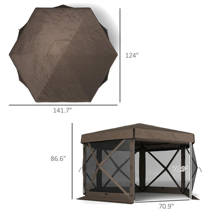 Outsunny 12' x 12' Hexagonal Pop Up Gazebo Tent with 5 Sidewalls, Waterproof Portable Outdoor Canopy Shelter with Curtains, Carry Bag, 5 Ropes, 11 Stakes for Camping, Garden, Patio, Brown