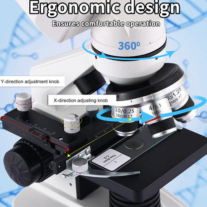 Binocular Microscope Magnification 40X-2500X, WF10x/25x Eyepieces, Dual LED Illumination, Suitable for Schools Home Labs Educational Adult Microscope