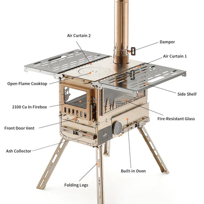 CAMPJOURNEY M6 Gold Wood Stove with Oven & IGT Table, Gold Finish, 2100 cu in Firebox, Portable Hot Tent Stove for Camping, 98" Chimney, Luxury Outdoor Heating for Winter Tent, Ice Fishing, Hunting