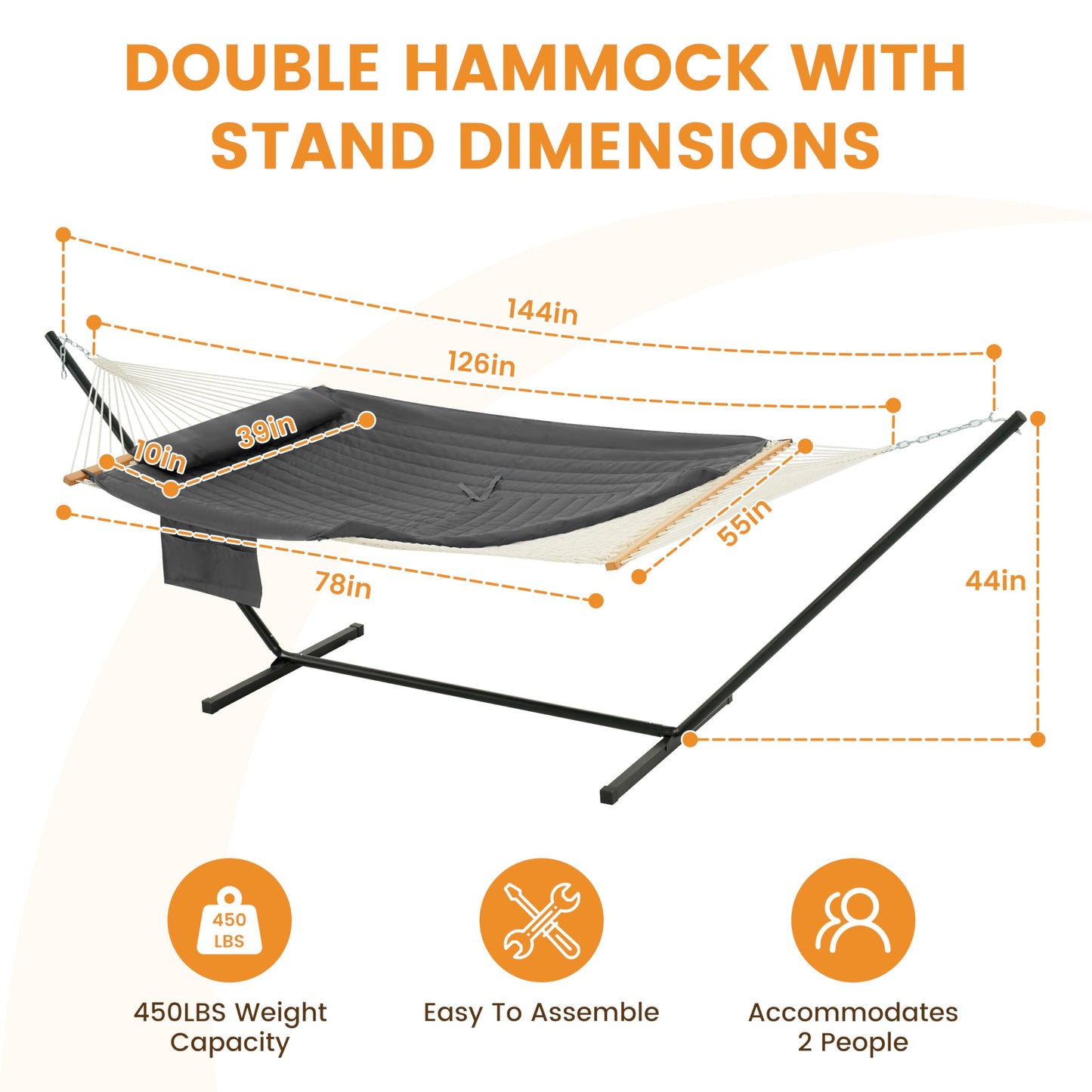 Lazy Daze Hammocks 2 Person Portable Hammock with 12FT Stand, Double Hand Woven Cotton Rope Hammock with Detachable Quilted Pad & Pillow for Outside, 450lb Capacity, Grey