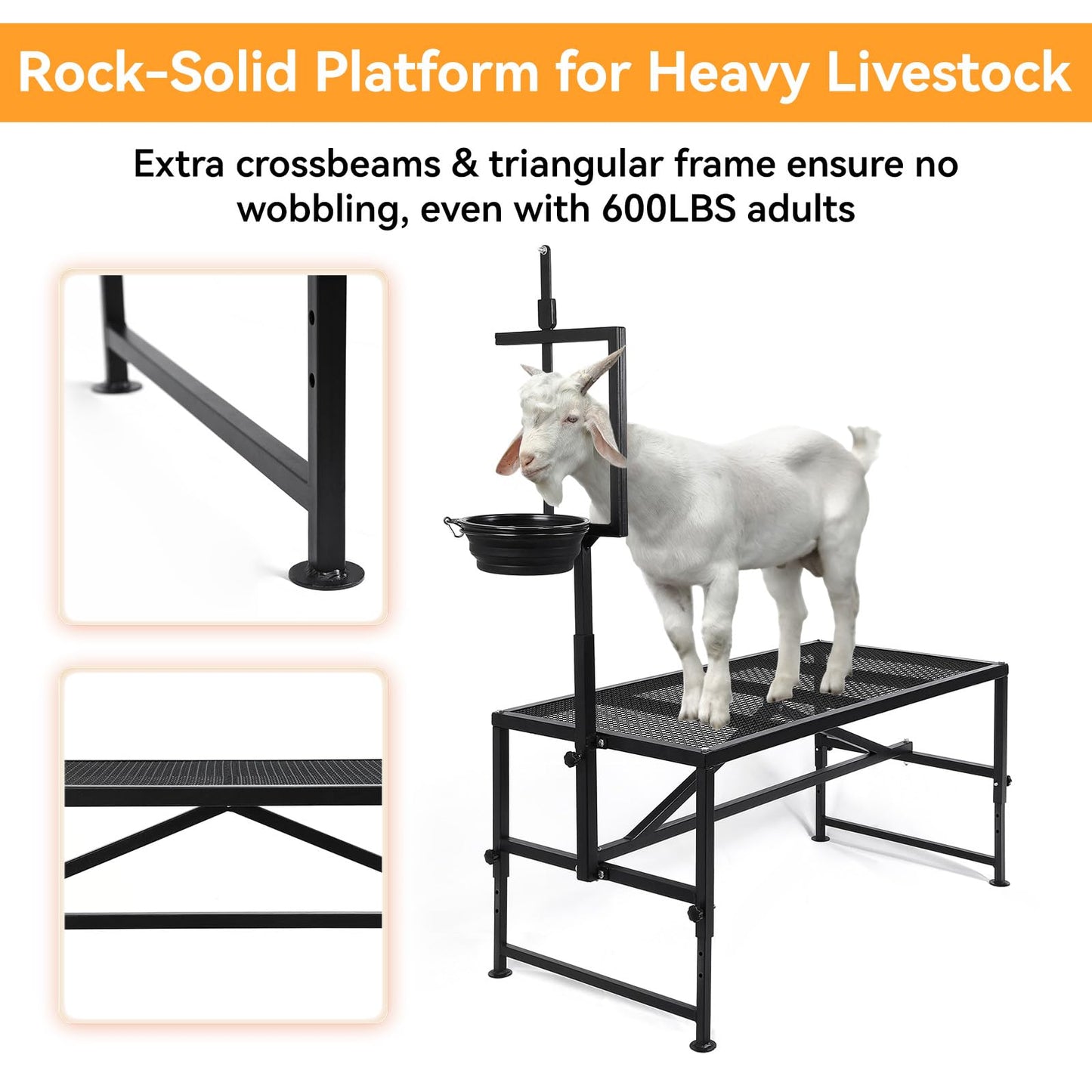 FULUPET Goat Milking Stand with Feed Bin, 600 LBS Heavy Duty Sheep Trimming Stand, Adjustable Headpiece Livestock Stanchion, Stable Metal Hoof Trimming Platform for Grooming & Shearing, Farm Equipment
