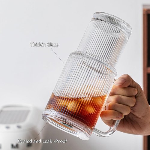 INSETLAN 24oz Ribbed Glass Tumbler Set - 2-Pack Large Iced Coffee Cups with Straws & Lids | Modern Travel Mugs for Cold & Hot Beverages