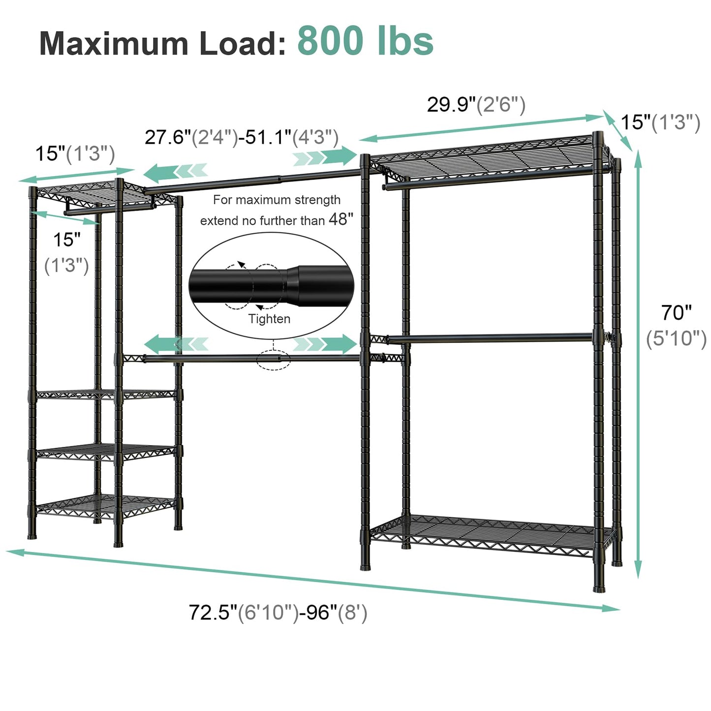 SEMHOR E01 Expandable Heavy Duty Clothes Rack, Free Standing Closet System Organizer, Adjustable Portable Carbon Steel Garment & Clothing Racks for Hanging Clothes (72.5-96"), 800LBS Max Load, Black