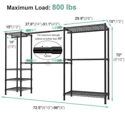 SEMHOR E01 Expandable Heavy Duty Clothes Rack, Free Standing Closet System Organizer, Adjustable Portable Carbon Steel Garment & Clothing Racks for Hanging Clothes (72.5-96"), 800LBS Max Load, Black