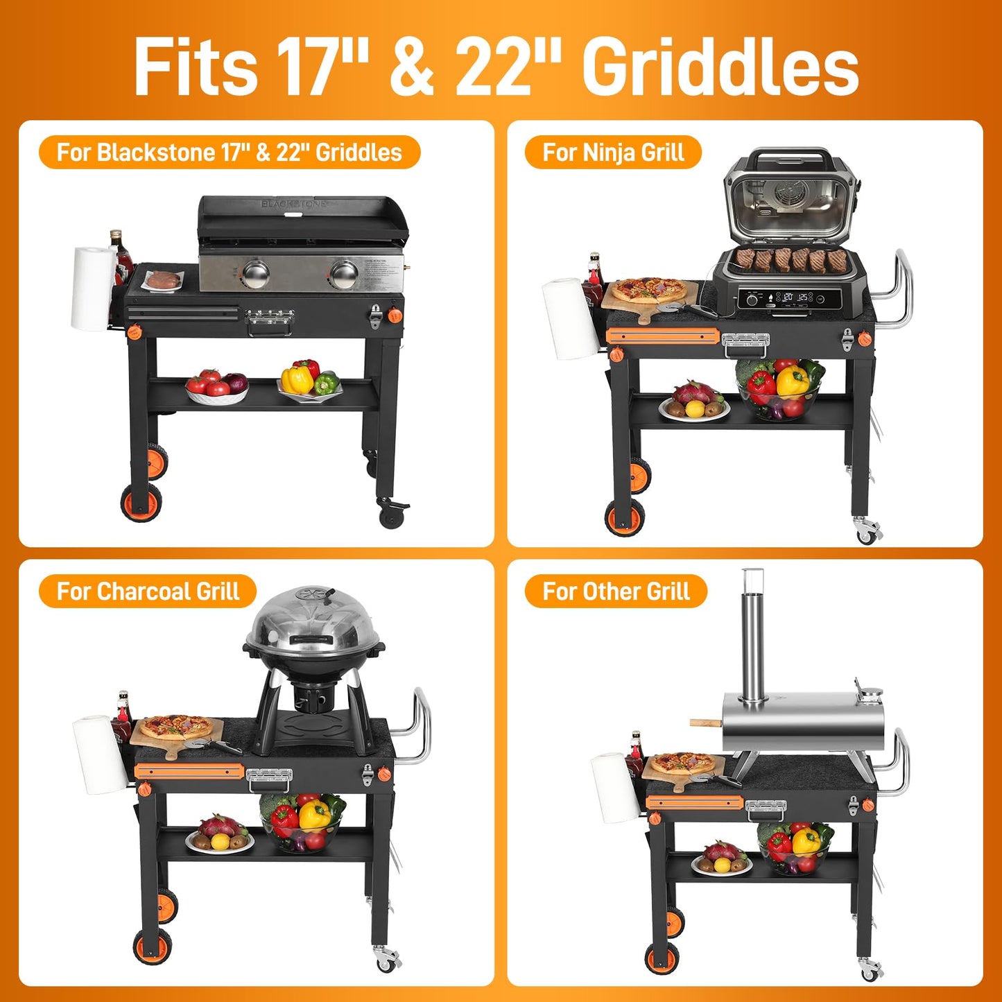 Outdoor Grill Cart - Foldable Grill Table, Blackstone Griddle Stand for 17"/22" Griddle, Portable Ninja Grill Stand with Large Space, Pizza Oven Stand, for Tailgating, Camping, RV