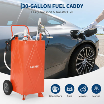 30 Gallon Fuel Gas Caddy Storage Tank, Portable Gas Caddy with Wheels, Manual Rotary Transfer Pump, Fuel Hose, Wide Fill Opening, Vent and Level Gauge, Mobile Gasoline Diesel Transfer Tank for ATV, Mower, Tractor, Car, Boat