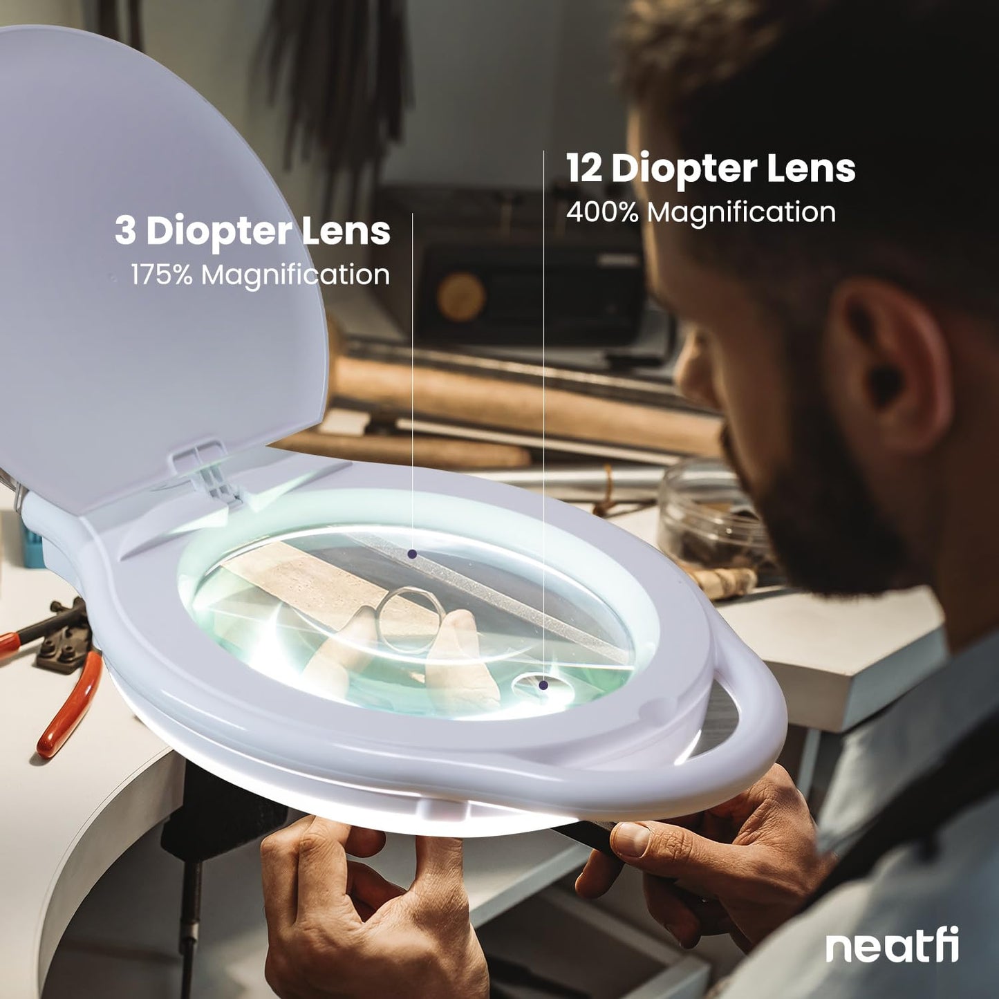 Neatfi Elite XL HD LED Magnifying Lamp | 7-Inch Lens | 1.75X + 4X Magnification | Dimmable | 3 Light Modes (3000K / 4000K / 6500K) | Adjustable Arm | Glare-Free (White-2, 7-inch Lens, CCT with Clamp)