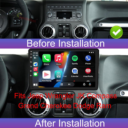 Android 14 4GB+64GB,Customize Desktop Car Stereo Radio for Jeep Wrangler JK Compass Grand Cherokee Dodge Ram 1500, 10 inch QLED Touchscreen Support Wireless CarPlay Android Auto Bluetooth FM SWC