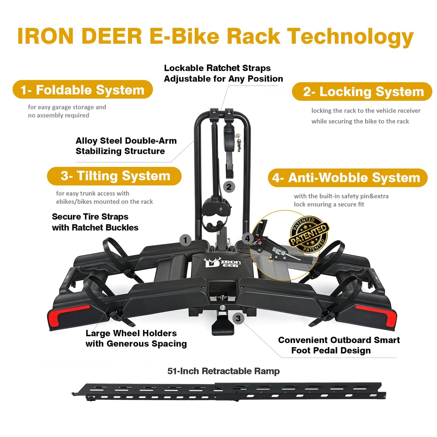 Ebike Rack with Ramp for 2 E-Bikes 200 lbs Capacity Fits 5" Fat Tire, Hitch Bike Rack for Cars SUVs Trucks with 2" Receiver, Foldable Tilting Locking No Assembly Needed E-Bike Platform Carrier
