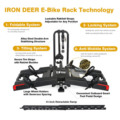Ebike Rack with Ramp for 2 E-Bikes 200 lbs Capacity Fits 5" Fat Tire, Hitch Bike Rack for Cars SUVs Trucks with 2" Receiver, Foldable Tilting Locking No Assembly Needed E-Bike Platform Carrier