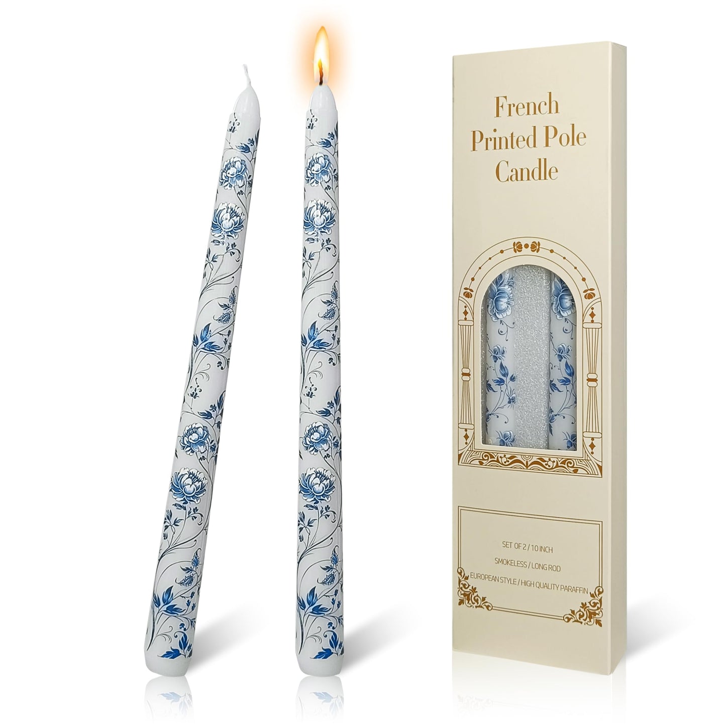 FLAMMUL Blue Floral Taper Candles Set of 2 – 10 Inch Decorative Printed Candlesticks, Smokeless Handmade Tapered Candles for Wedding Table Centerpiece, Dinner, Holiday Home Decor