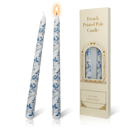 FLAMMUL Blue Floral Taper Candles Set of 2 – 10 Inch Decorative Printed Candlesticks, Smokeless Handmade Tapered Candles for Wedding Table Centerpiece, Dinner, Holiday Home Decor