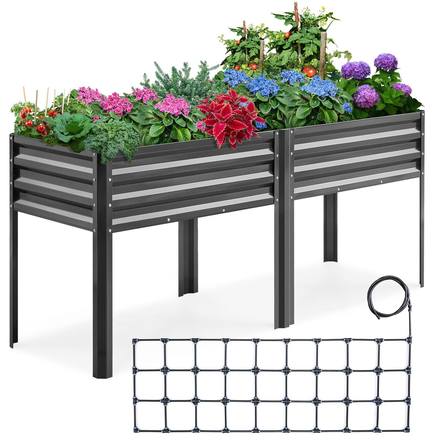 KING BIRD Raised Garden Bed with Irrigation System and Legs Galvanized Elevated Planter Box for Backyard, Patio, Balcony, 600lb Capacity, Dark Grey, 70.9x22.8x31.5 in