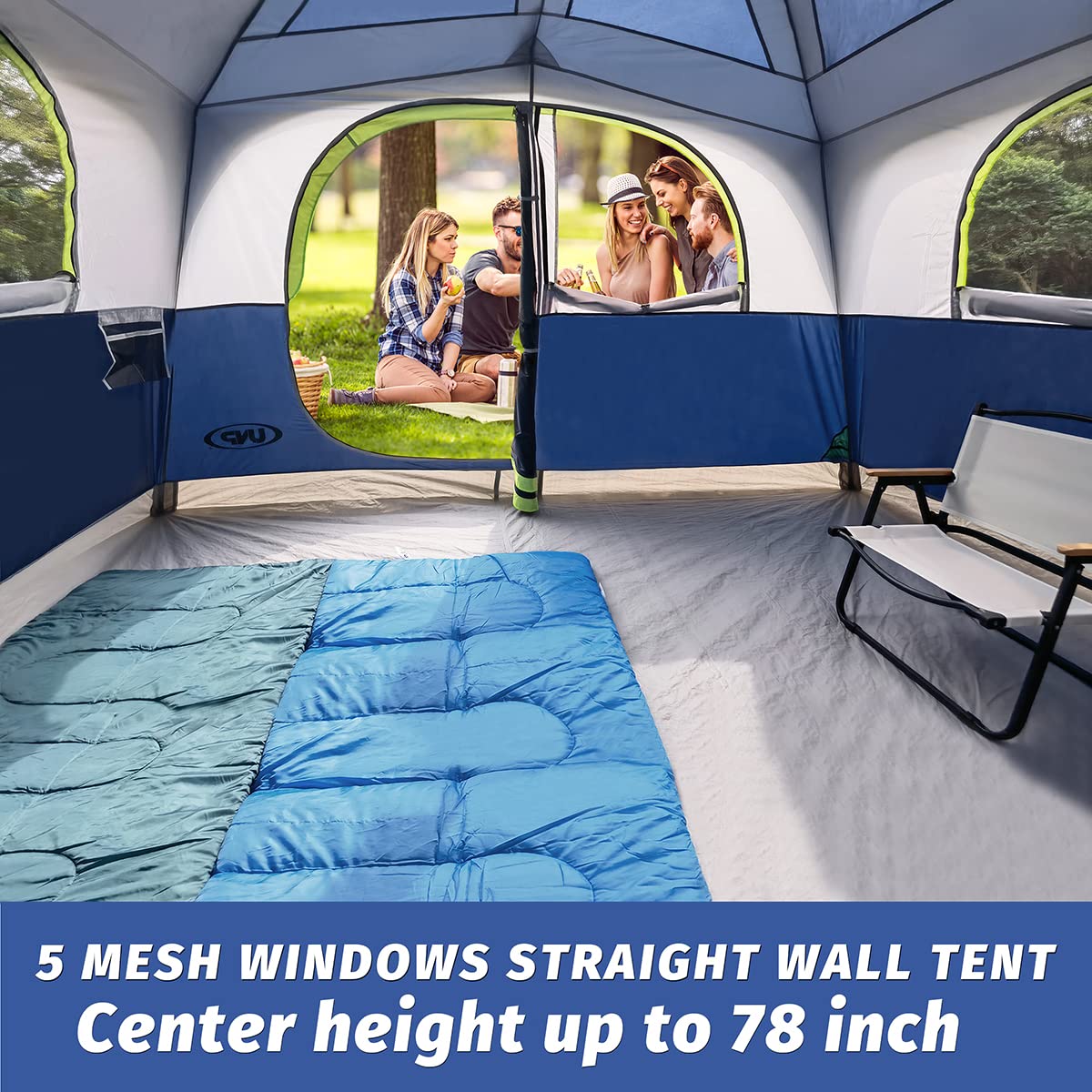 UNP Tents 6 Person Waterproof Windproof Easy Setup,Double Layer Family Camping Tent with 1 Mesh Door & 5 Large Mesh Windows -10'X9'X78in(H) (Dark Blue)
