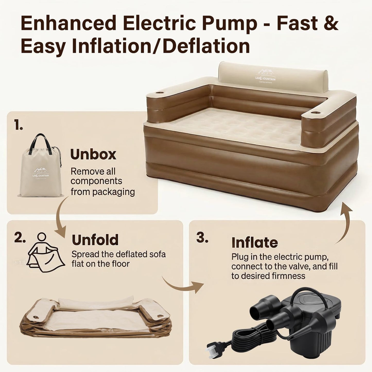 LANMOUNTAIN Inflatable Couch Set with Cup Holders & Pump, Velvety Air Sofa (1 Loveseat 60"x32"x34" & 1 Chair 41"x32"x34") for Camping & Home