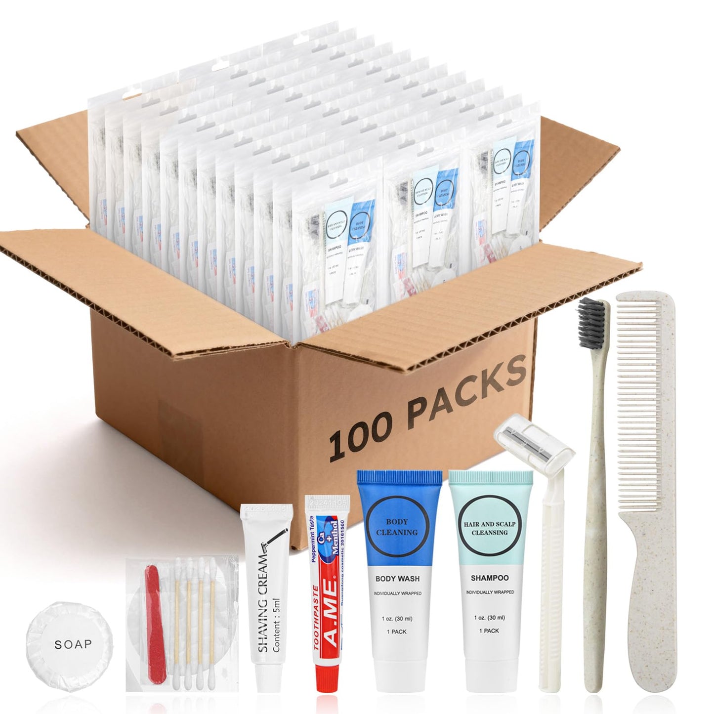 Toiletry Kits Homeless Personal Hygiene Care Package Kits Supplies In Bulk, Disposable Travel Size Essential Women Men Toiletries Set for Hotel,Charity,Camping,Travel (7.1 Inch, 100, Count)