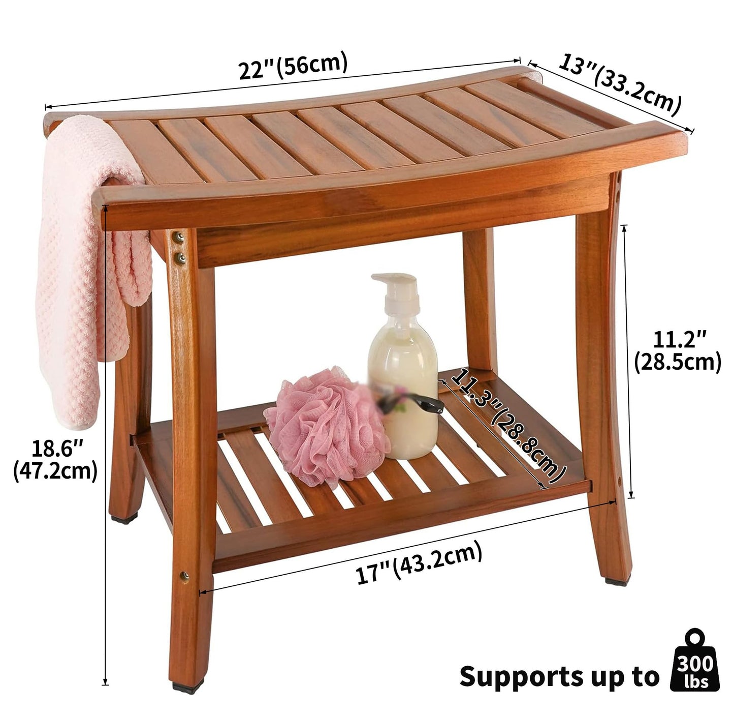 Utoplike Teak Shower Bench Seat with Handles, Portable Wooden Spa Bathing Stool with Storage Towel Shelf, 22" x 13" x 18.6", Perfect for Indoor and Outdoor Use